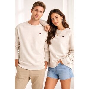 Hollister Crewneck Sweatshirt Cream Oatmeal Pullover Logo Casual Size L